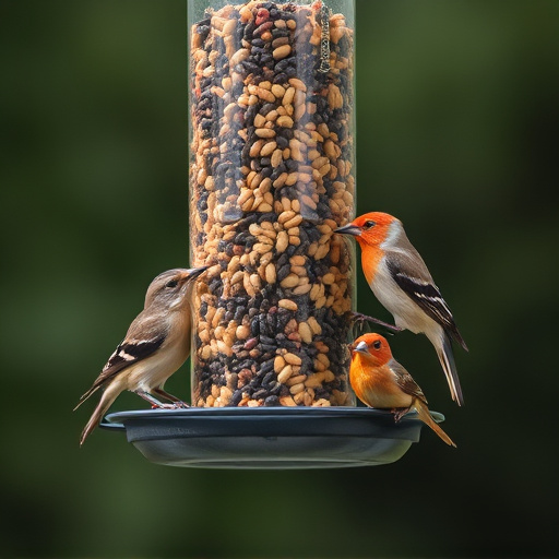 Birds feeding from hanging seed feeder