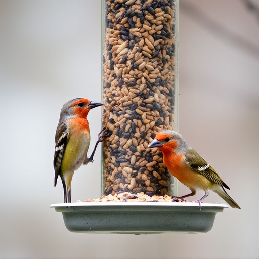 Birds feeding from hanging seed feeder