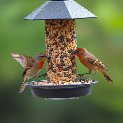 Birds feeding from hanging seed feeder
