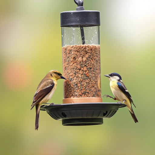 Birds feeding from metal suet dispenser