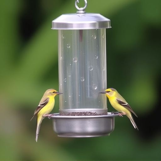 Birds feeding from metal suet dispenser