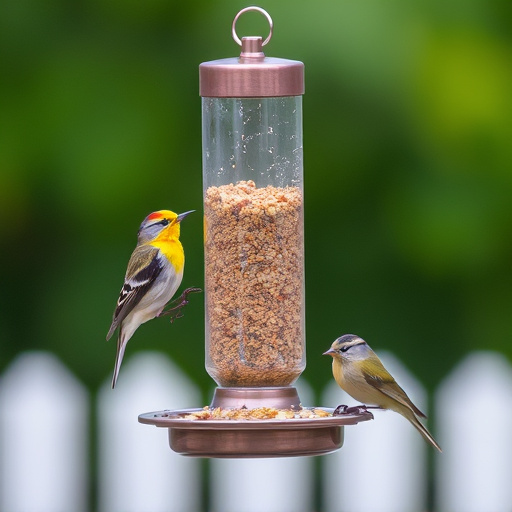 Birds feeding from metal suet dispenser