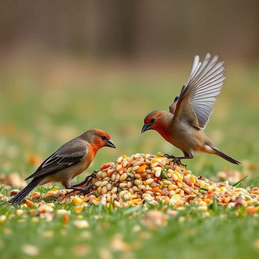 Birds feeding from scattered seed mix