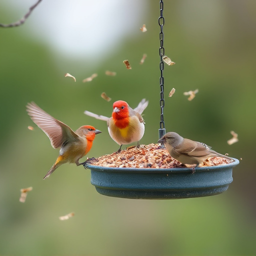 Birds feeding from scattered seed mix