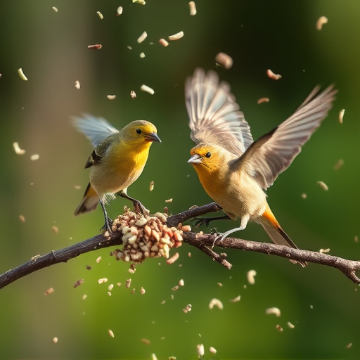 Birds feeding from scattered seed mix