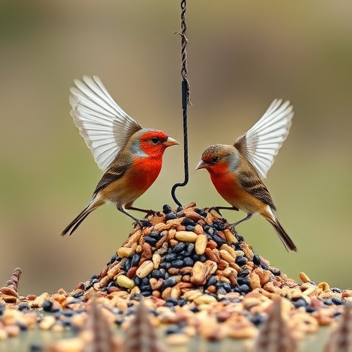 Birds feeding from scattered seed mix
