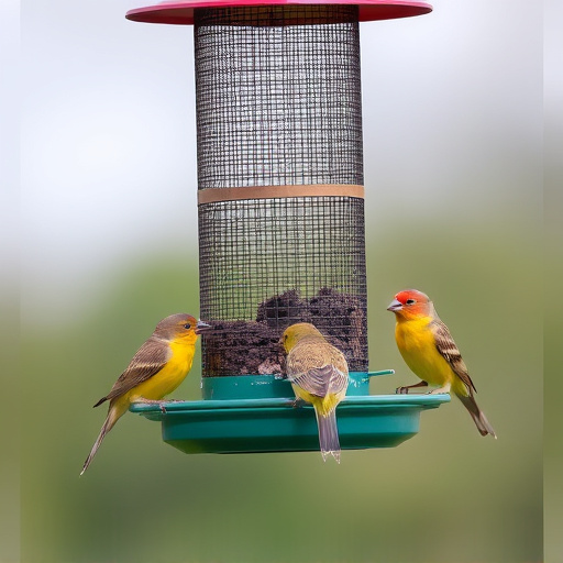Birds feeding from suspended cage feeder