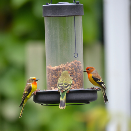 Birds feeding from suspended cage feeder