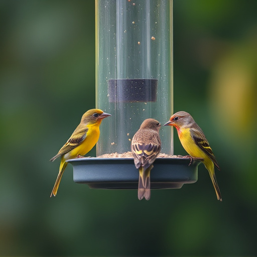 Birds feeding from suspended cage feeder