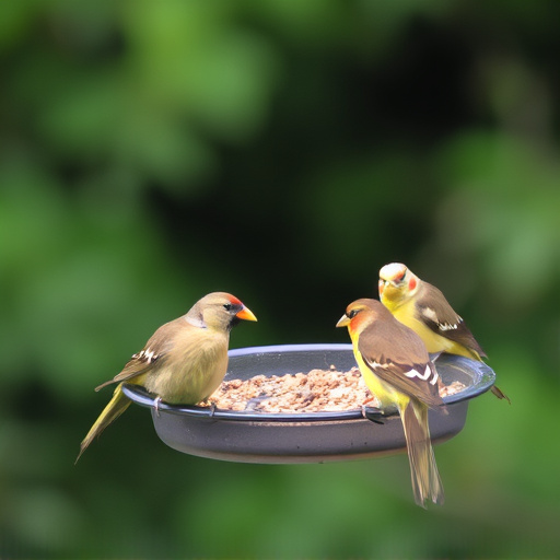 Birds feeding from suspended cage feeder