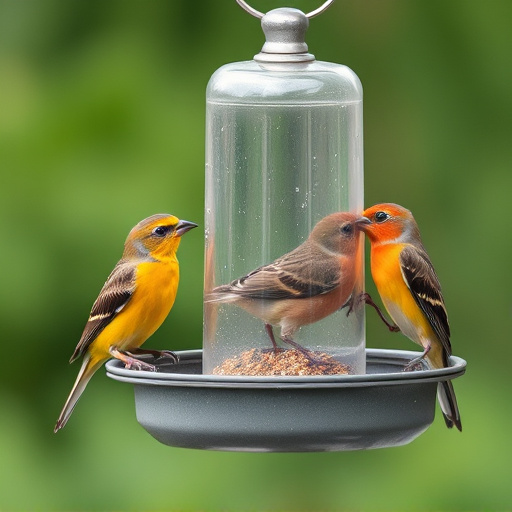 Birds feeding from suspended cage feeder