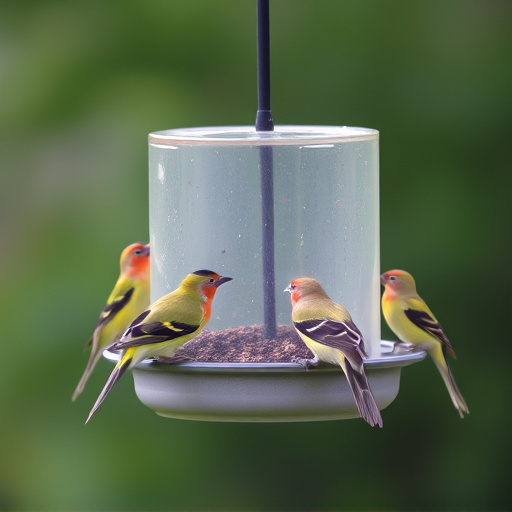 Birds feeding from suspended cage feeder