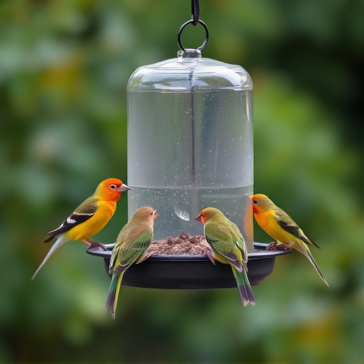 Birds feeding from suspended cage feeder