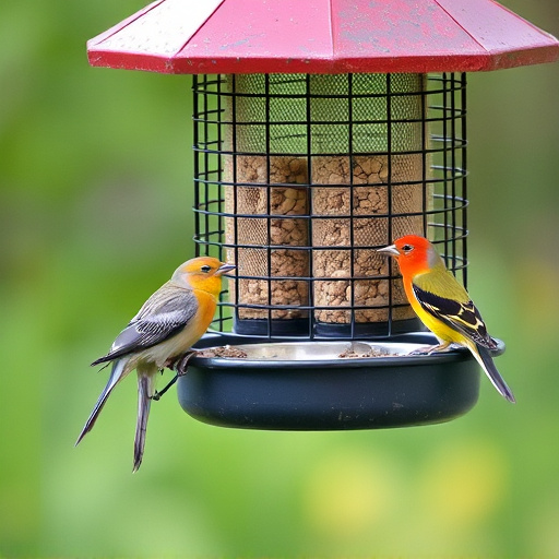 Birds feeding from suspended cage feeder
