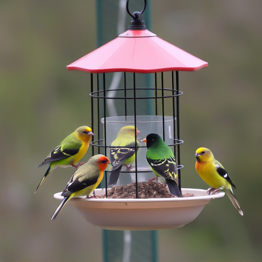 Birds feeding from suspended cage feeder