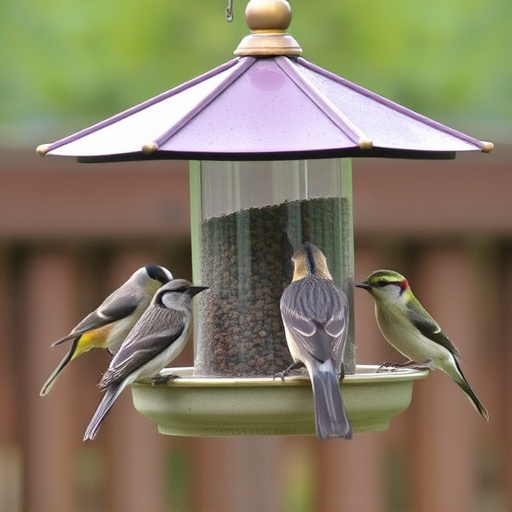 Birds feeding from tidy enclosed feeder