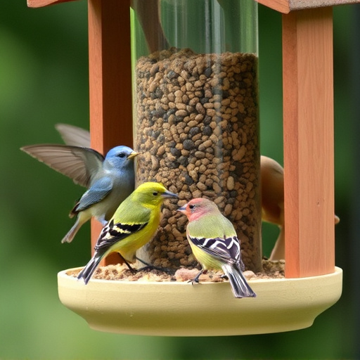 Birds feeding from tidy enclosed feeder