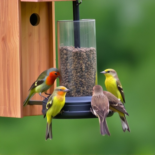 Birds feeding from tidy enclosed feeder