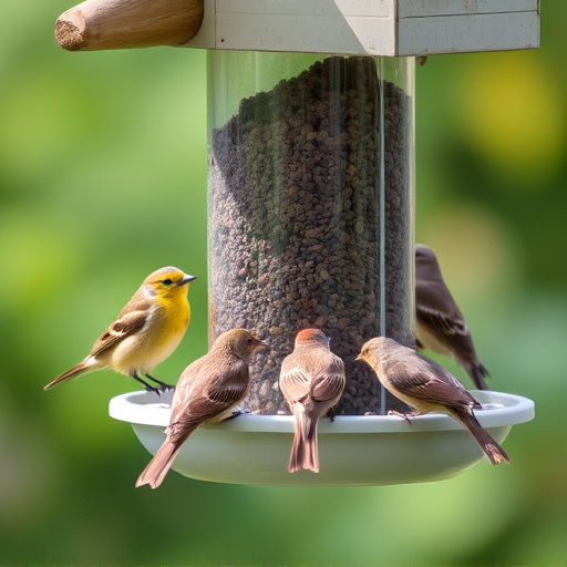 Birds feeding from tidy enclosed feeder