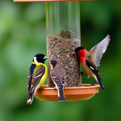 Birds feeding from tidy enclosed feeder