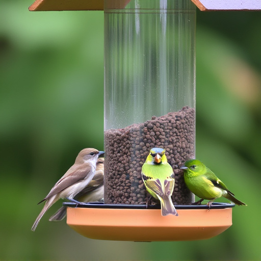 Birds feeding from tidy enclosed feeder