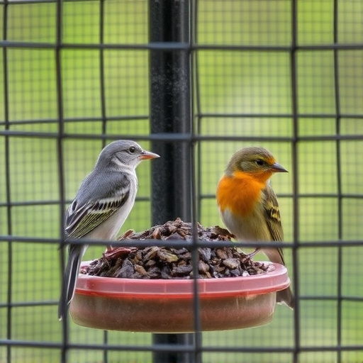 Birds feeding inside squirrel-proof cage