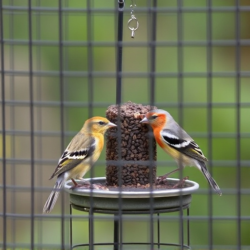 Birds feeding inside squirrel-proof cage