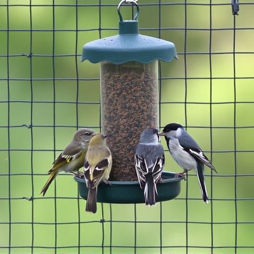 Birds feeding inside squirrel-proof cage