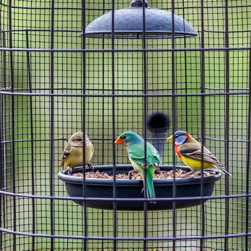 Birds feeding inside squirrel-proof cage