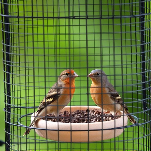 Birds feeding inside squirrel-proof cage