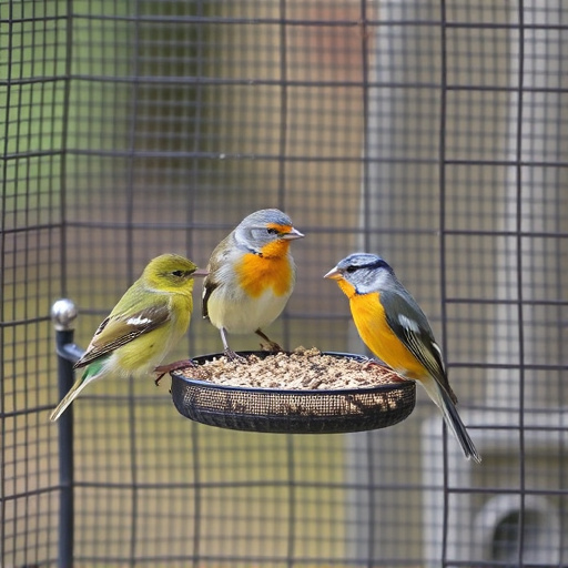Birds feeding inside squirrel-proof cage