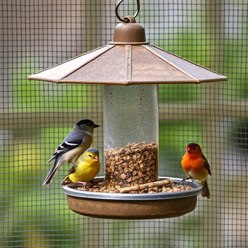 Birds feeding inside squirrel-proof cage
