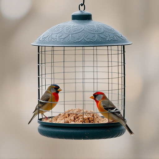 Birds feeding inside squirrel-proof cage