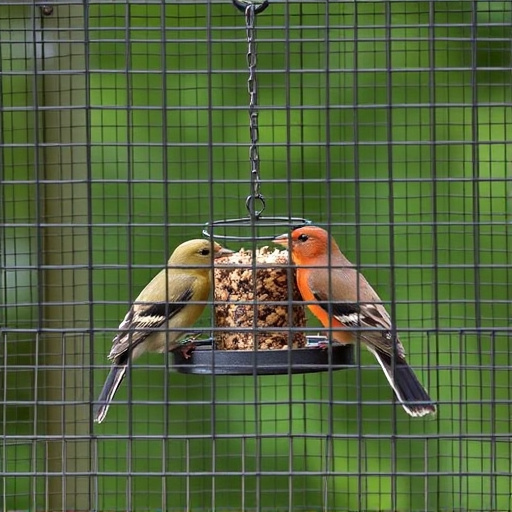 Birds feeding inside squirrel-proof cage