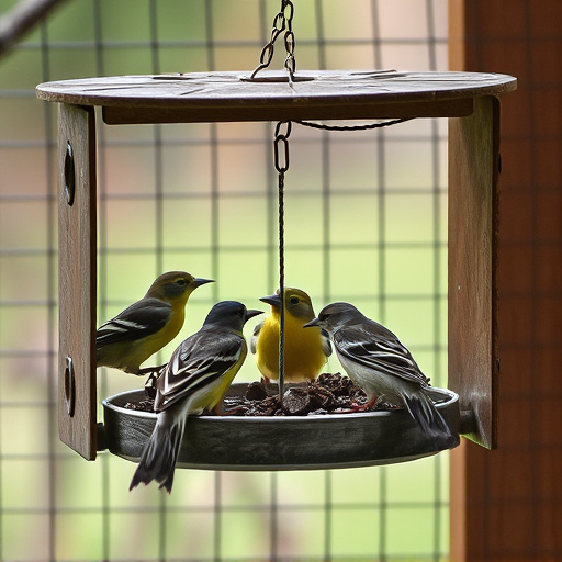 Birds feeding inside squirrel-proof cage