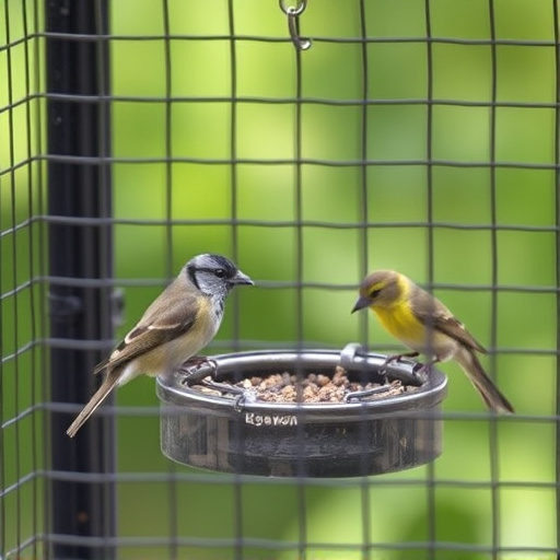 Birds feeding inside squirrel-proof cage