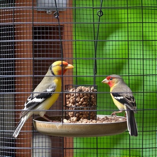 Birds feeding inside squirrel-proof cage