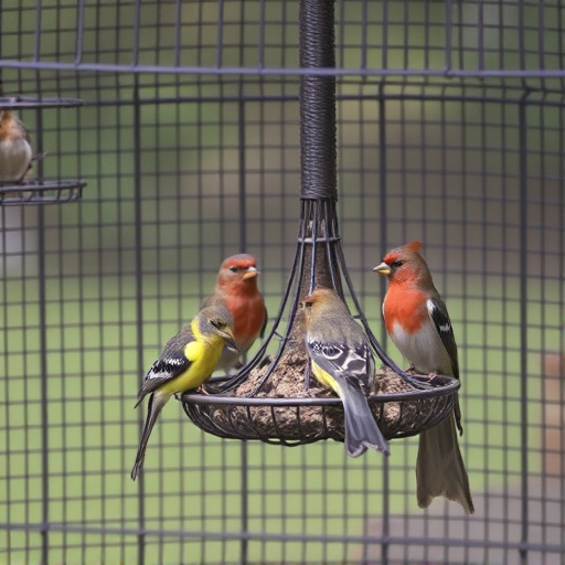 Birds feeding inside squirrel-proof cage