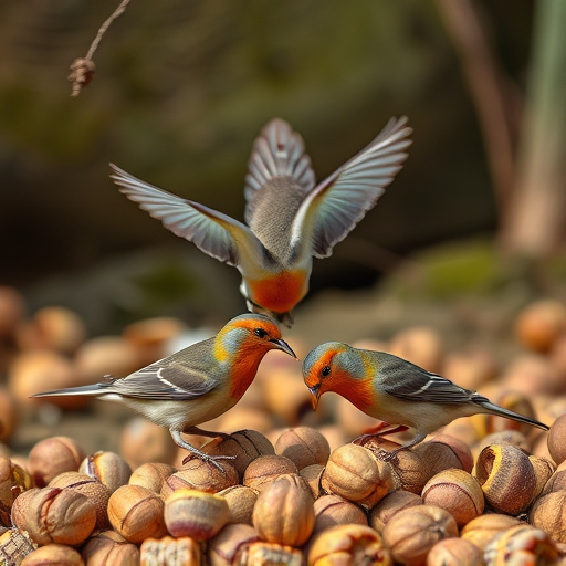 Birds feeding on fallen nuts