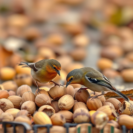 Birds feeding on fallen nuts