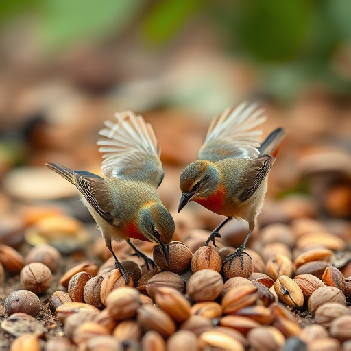 Birds feeding on fallen nuts
