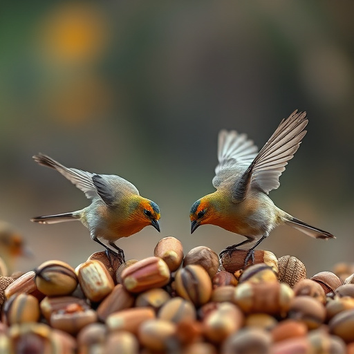 Birds feeding on fallen nuts