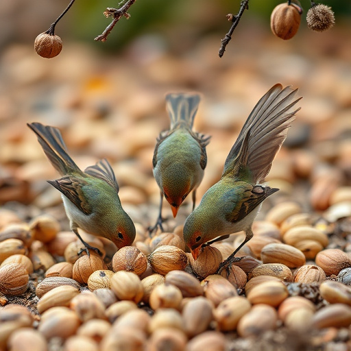 Birds feeding on fallen nuts