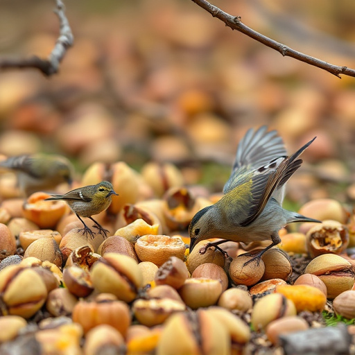 Birds feeding on fallen nuts