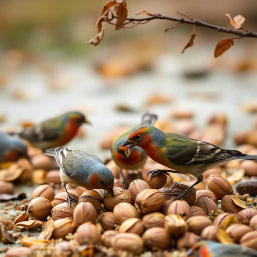 Birds feeding on fallen nuts