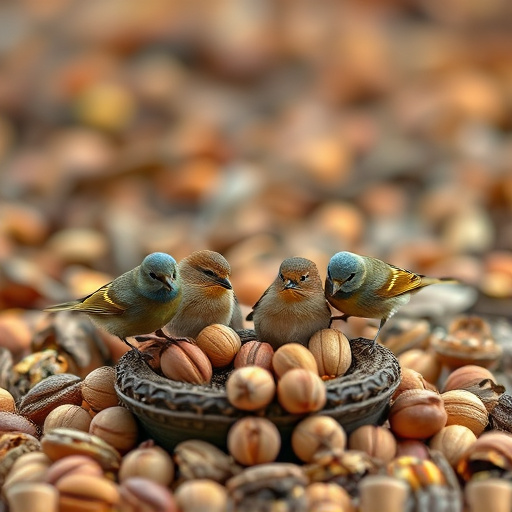 Birds feeding on fallen nuts