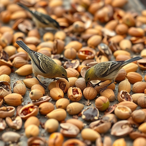 Birds feeding on fallen nuts