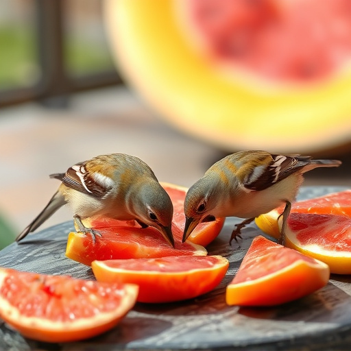Birds feeding on fruit slices outdoors