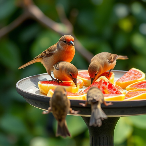 Birds feeding on fruit slices outdoors