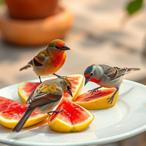 Birds feeding on fruit slices outdoors